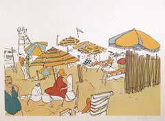 Sin título - Escena de playa, litografía de arte popular de Vasilios Janopoulos