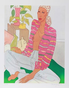 Mujer con camisa rosa, litografía contemporánea de Vasilios Janopoulos