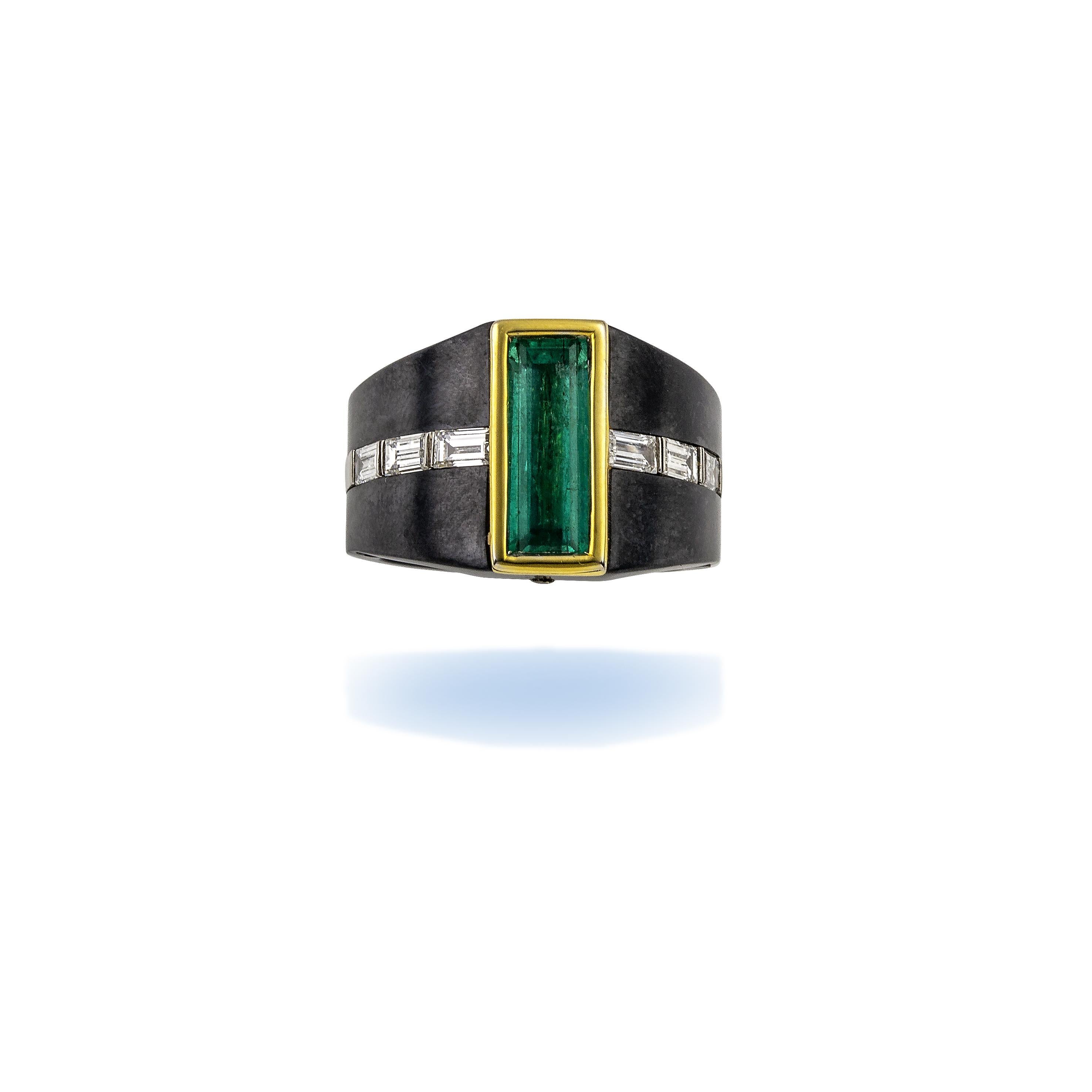 Modern Emerald Chevalier Ring by Vasilis Giampouras at Second Petale Gallery
A captivating unisex design that seamlessly blends elegance and modernity. Crafted with precision, this ring features an impressive combination of Black Titanium, Gold and