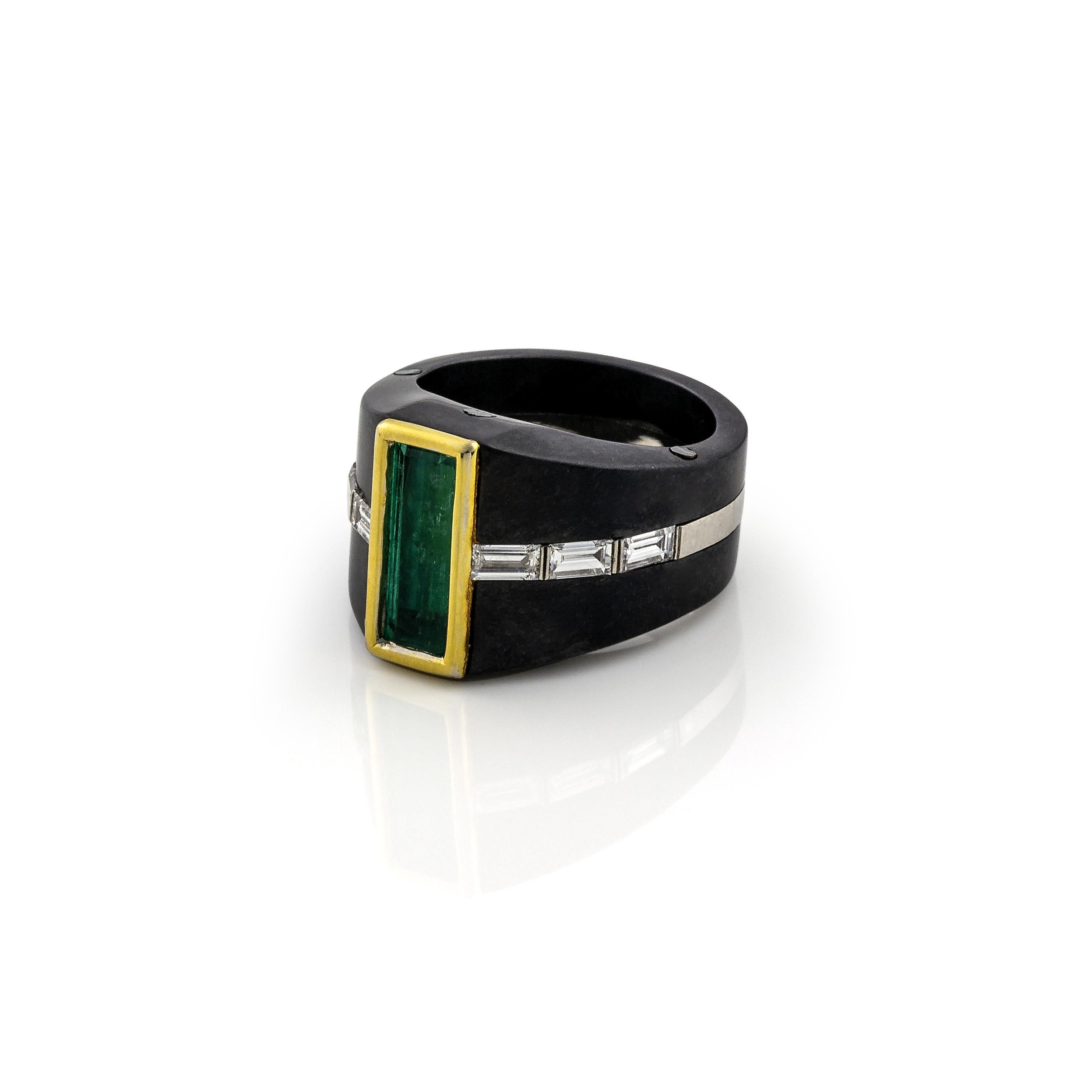 Contemporary Vasilis Giampouras Emerald Diamond Yellow White Gold Black Titanium Ring For Sale