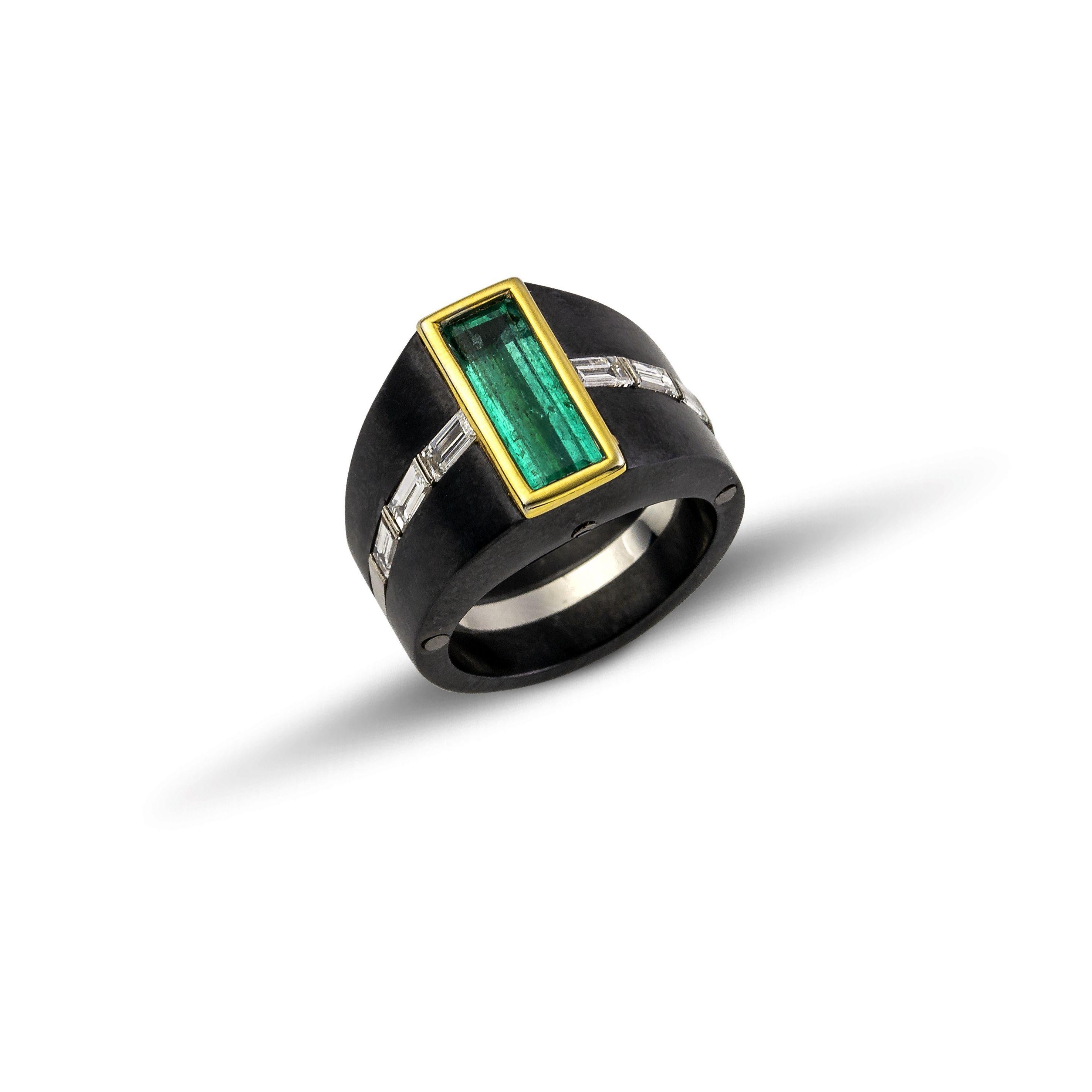 Baguette Cut Vasilis Giampouras Emerald Diamond Yellow White Gold Black Titanium Ring For Sale
