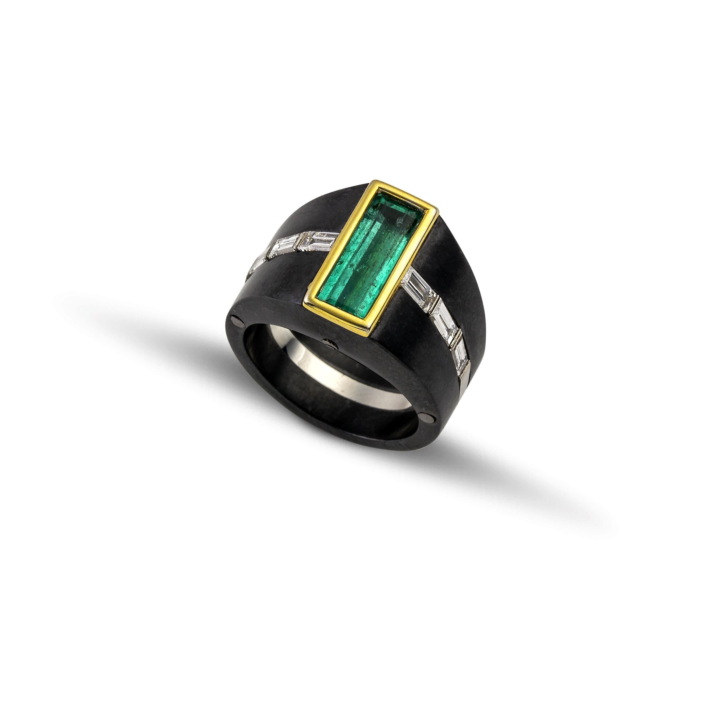 Vasilis Giampouras Emerald Diamond Yellow White Gold Black Titanium Ring In New Condition For Sale In Paris, IDF