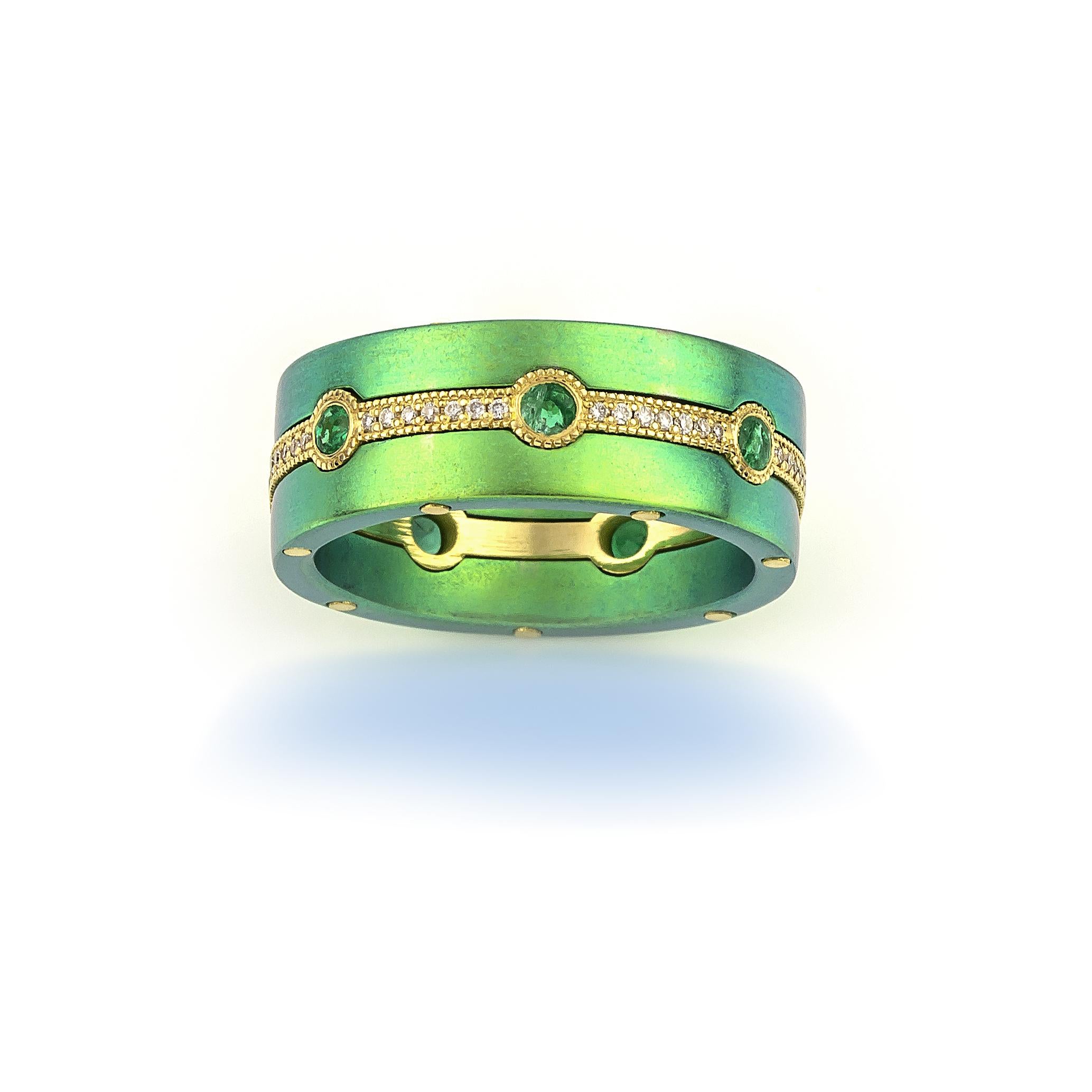 Emerald Titanium Band Ring by Vasilis Giampouras at Second Petale Gallery
This exquisite piece seamlessly blends luxury materials and timeless design, making it a true treasure to behold. Crafted from premium titanium in a captivating green hue,