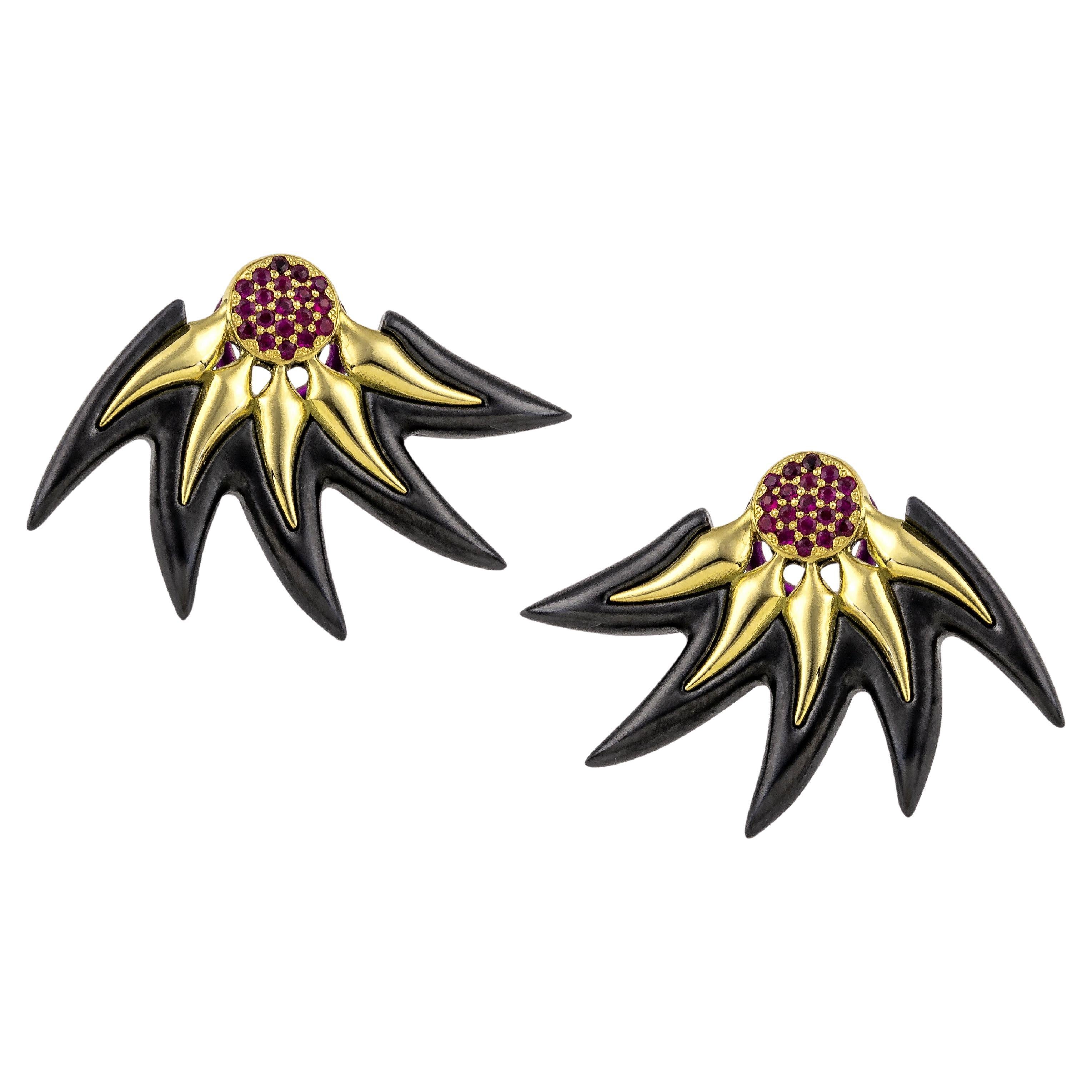 Vasilis Giampouras  Flame Ruby Yellow Gold 18K and Black Titanium Stud Earrings For Sale
