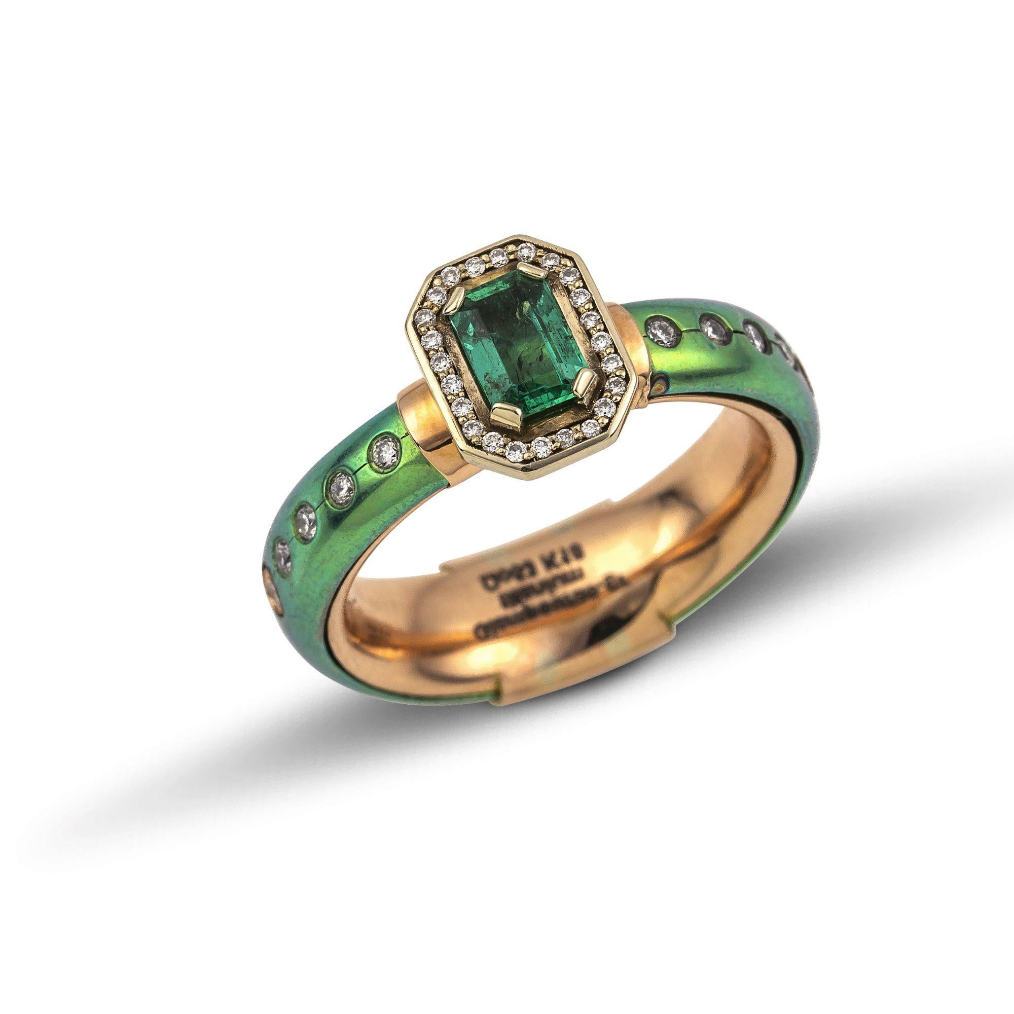 Emerald Cut Vasilis Giampouras Green Titanium Gold Ring with Emerald and Diamonds For Sale