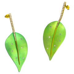 Vasilis Giampouras Green Titanium Leaf Earrings 18k Gold with Diamond