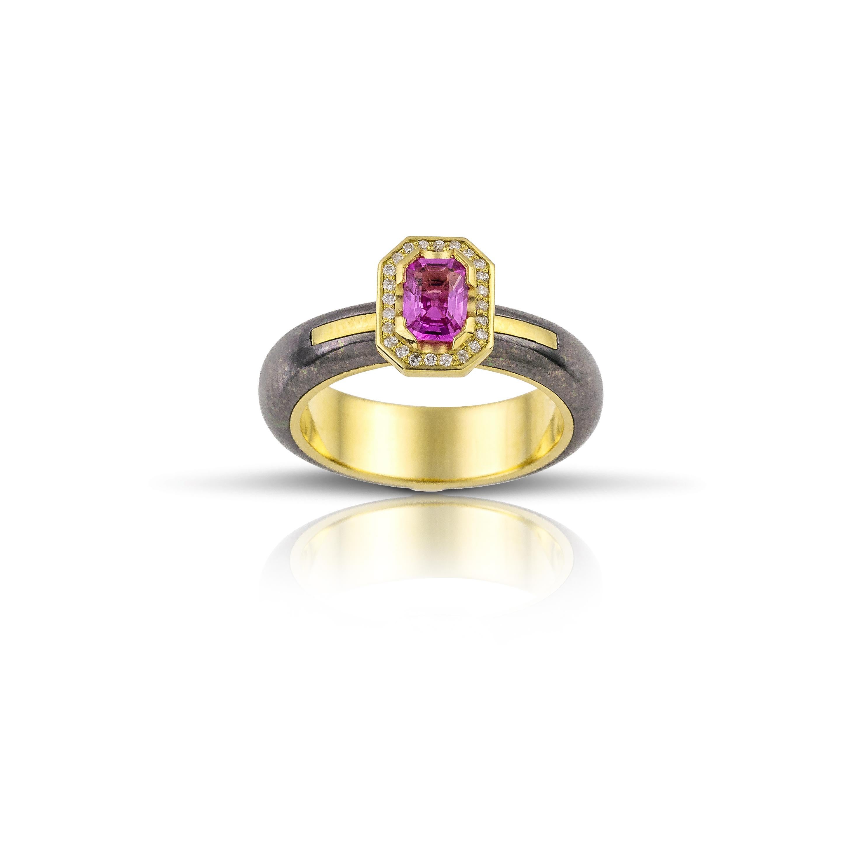 Pink Sapphire Alternative Engagement Titanium Ring by Vasilis Giampouras at Second Petale Gallery
Celebrate love with our alternative engagement ring. It is a touch of modern sophistication, featuring a stunning pink sapphire in an emerald cut,