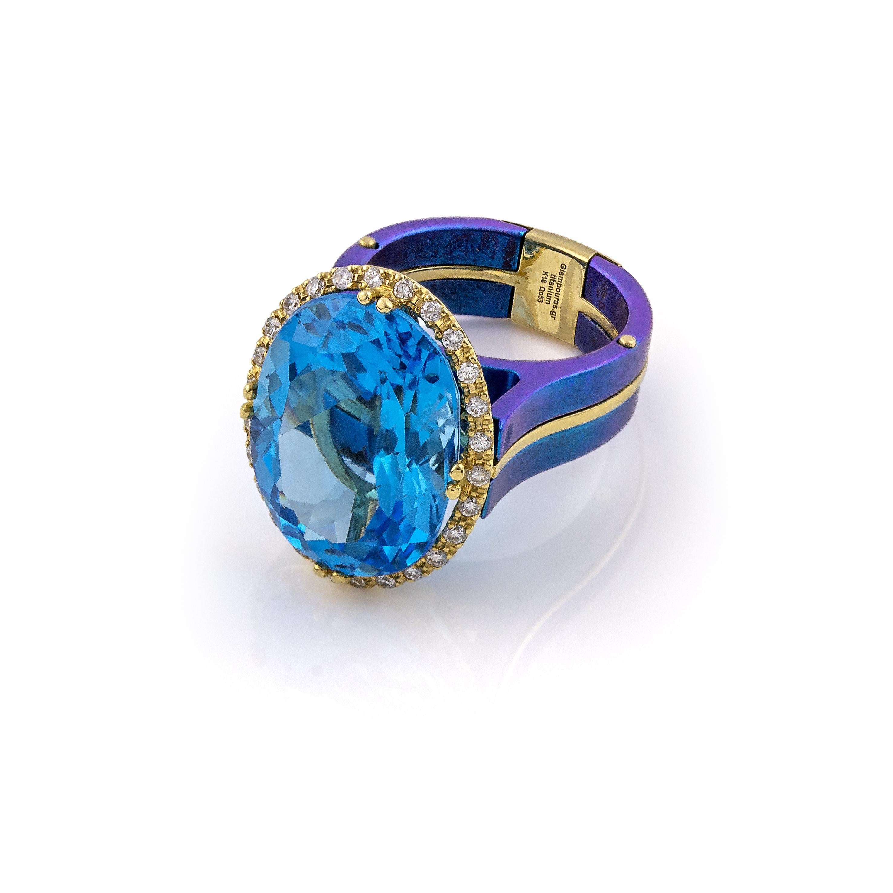Vasilis Giampouras Royal Elegance Titanium Blue Ring with Blue Topaz and Diamond In New Condition For Sale In Paris, IDF