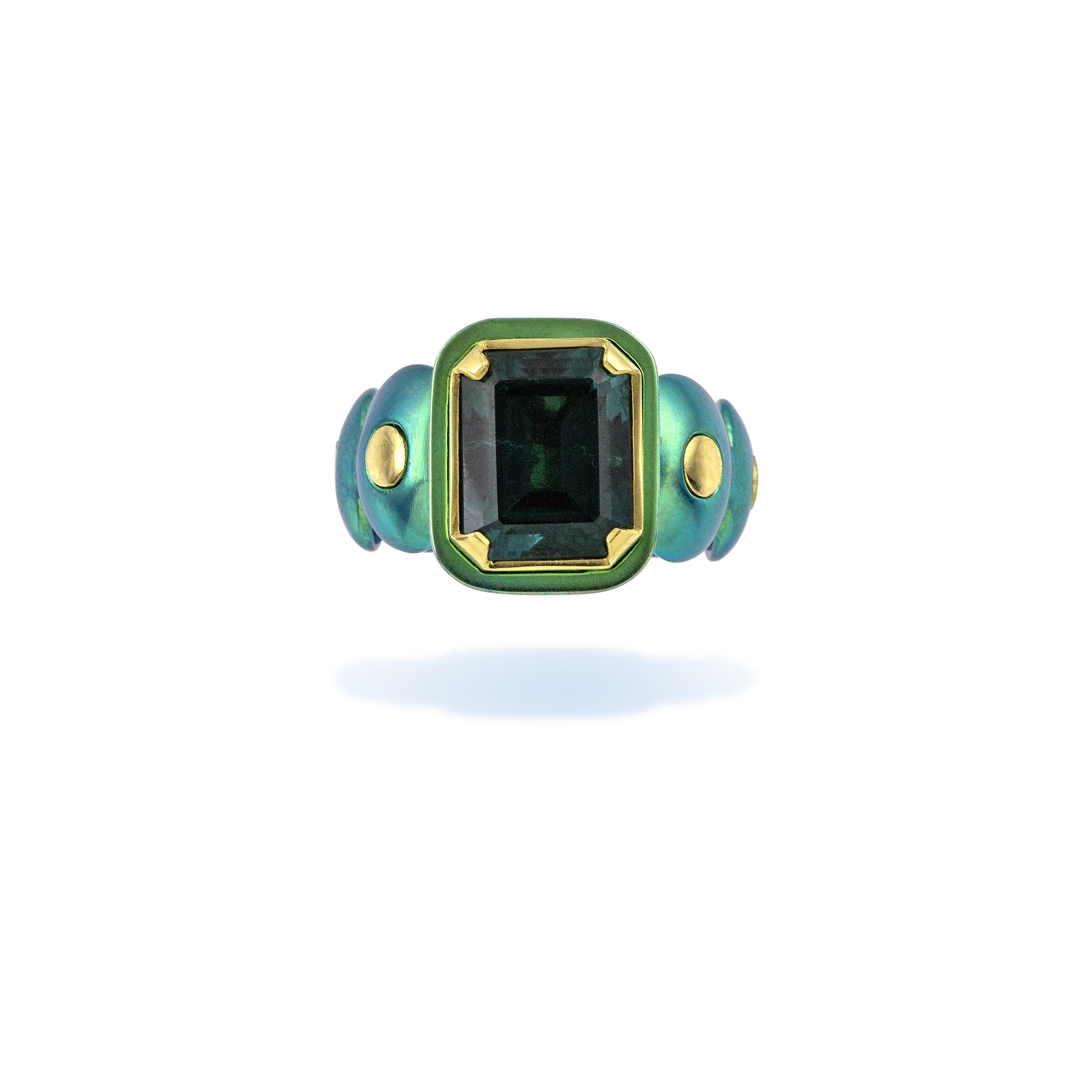 Emerald Cut Vasilis Giampouras Tourmaline Deep Green Titanium Cocktail Ring For Sale