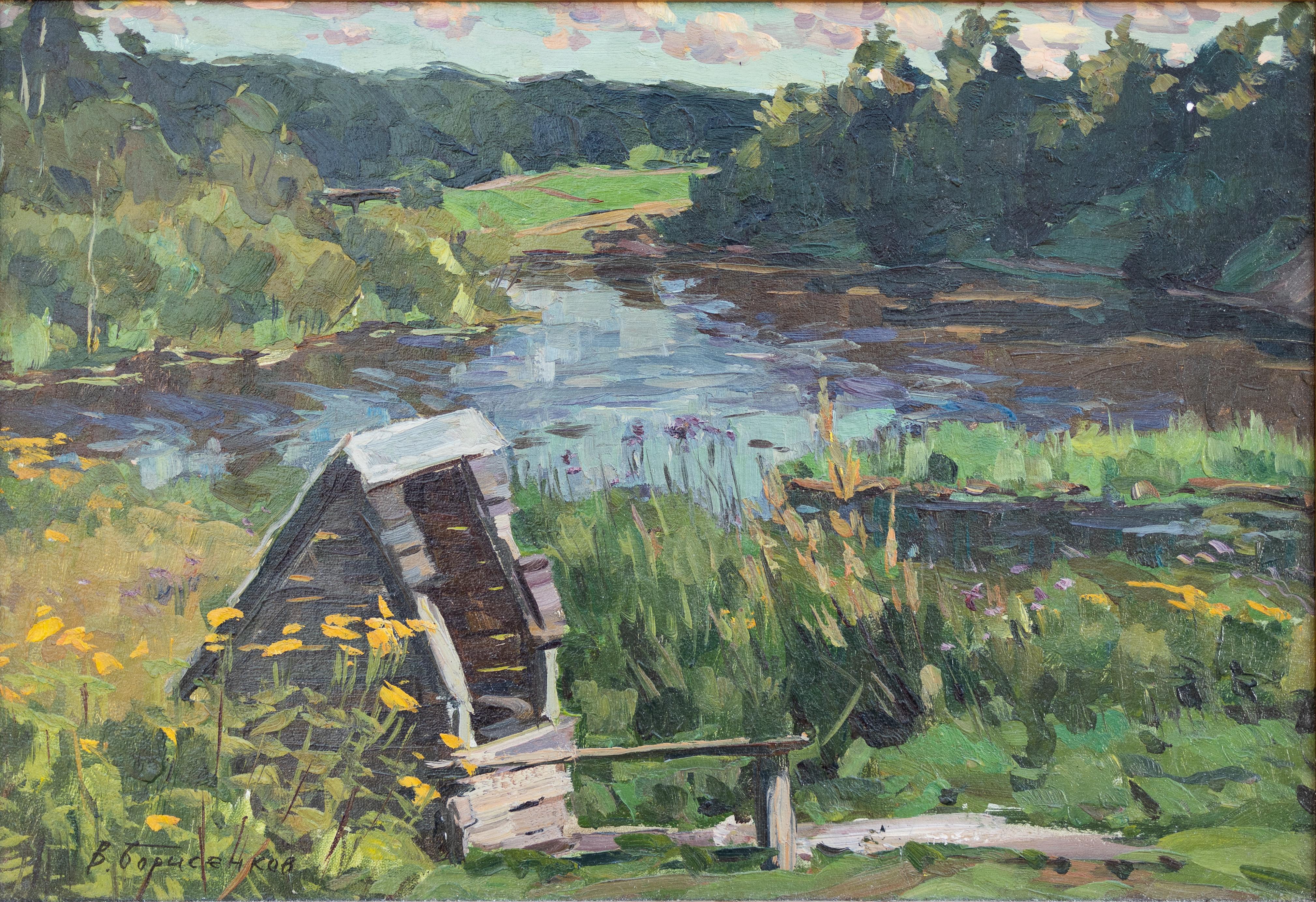 "Cabine au bord de la rivière" Peinture de paysage de campagne eau forêt