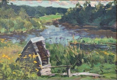 "Cabin on the Riverbank" Landscape Painting of Countryside Water Forest