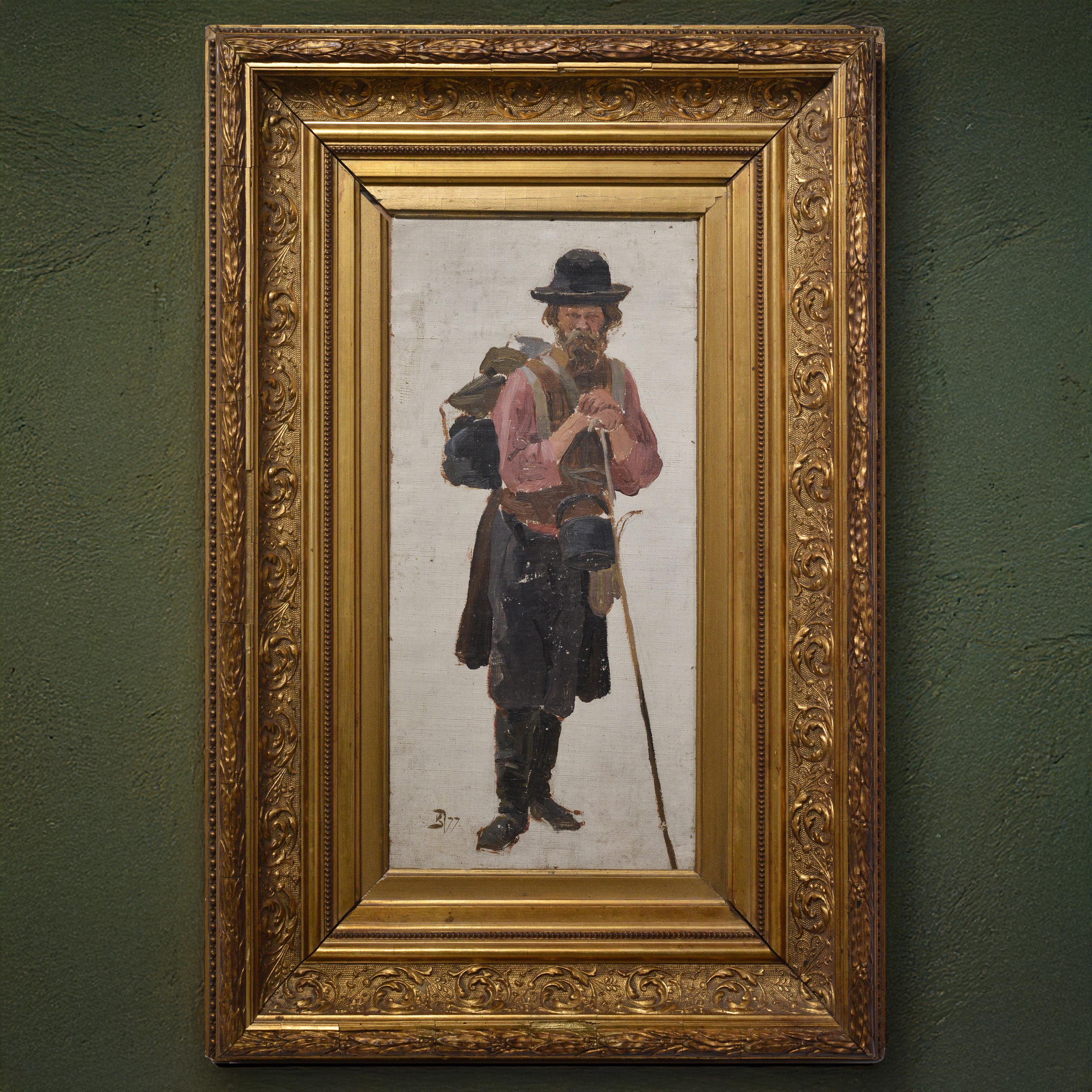Raro retrato al óleo ruso del siglo XIX Hombre barbudo con bastón Marco dorado firmado - Painting de Vasily Dmitrievich Polenov