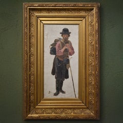 Rare 19th Century Russian Oil Portrait Bearded Man with Staff Signed Gilt Frame