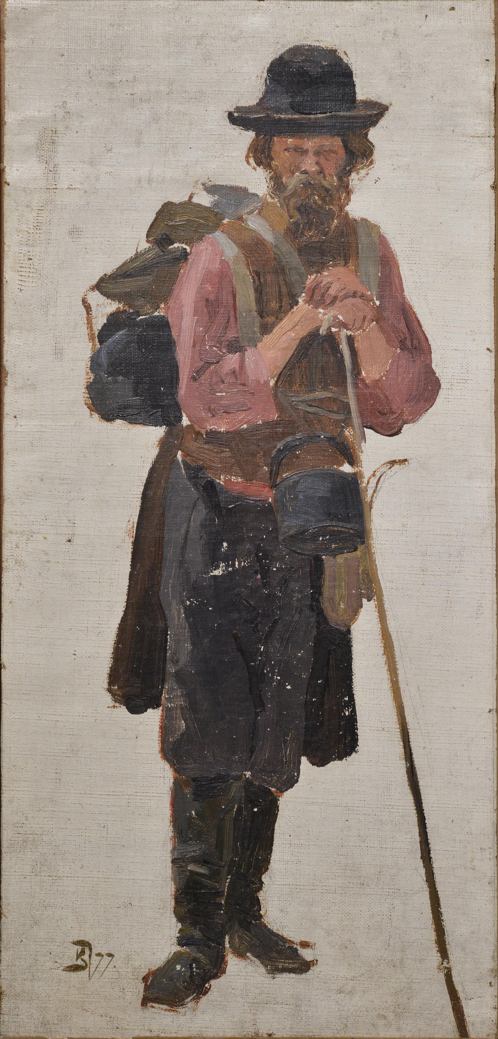 Raro retrato al óleo ruso del siglo XIX Hombre barbudo con bastón Marco dorado firmado - Painting Realista de Vasily Dmitrievich Polenov