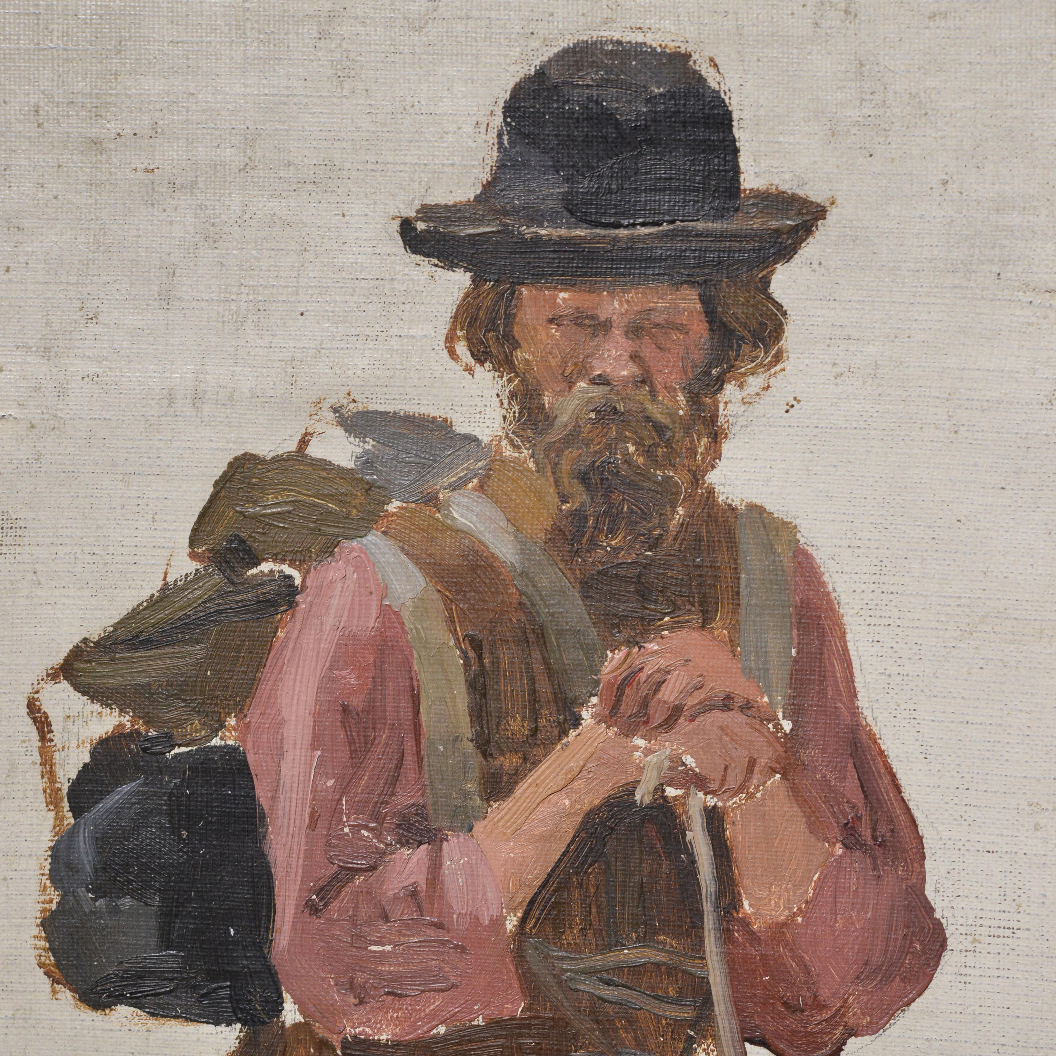 RARO ejemplo de calidad museística de un estudio al óleo en plein-air ruso del siglo XIX sobre lienzo, ejecutado con pinceladas rápidas y seguras por la hábil mano de un artista magistral. La alta figura de un hombre barbudo que entrecierra los ojos