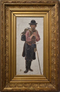 Portrait de genre d'un voyageur russe Peinture à l'huile du 19e siècle signée et encadrée