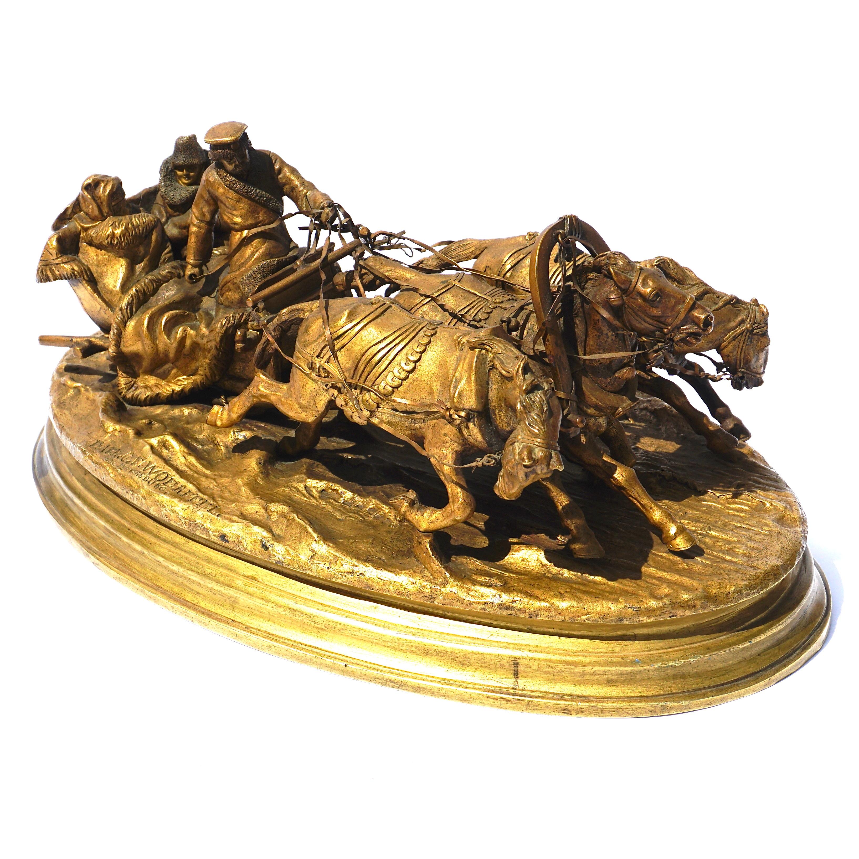 Vasili Grachev, 1831-1905. A gilt bronze grouping of horses pulling a troika with figures. 

A Classic Russian bronze grouping of three horses tearing through the snow pulling a troika led by a sleds-man leading passage for two ladies. The