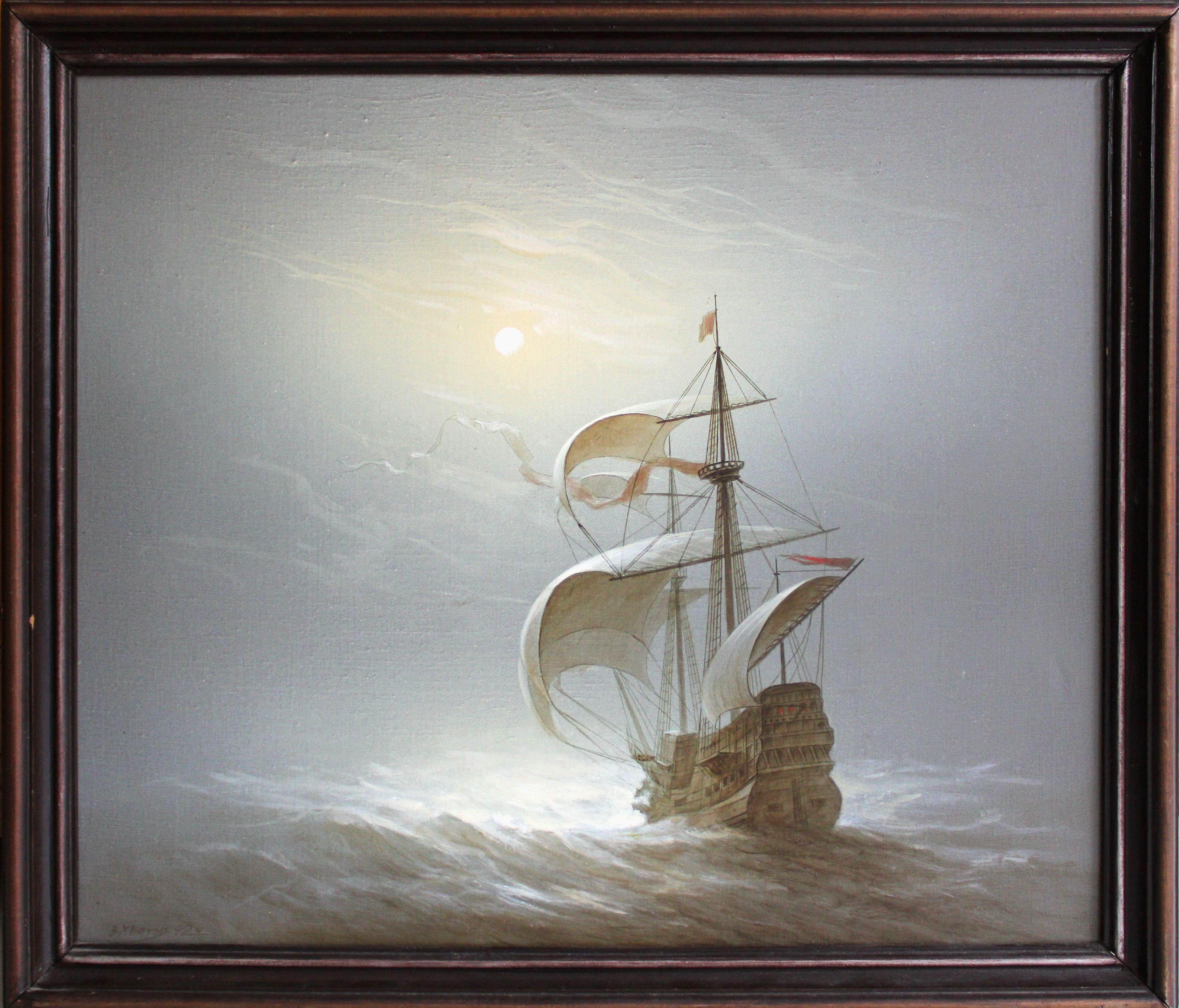 Barca a vela con la luna piena  Olio su tela, 60x70 cm - Painting di Vasily Hvatov