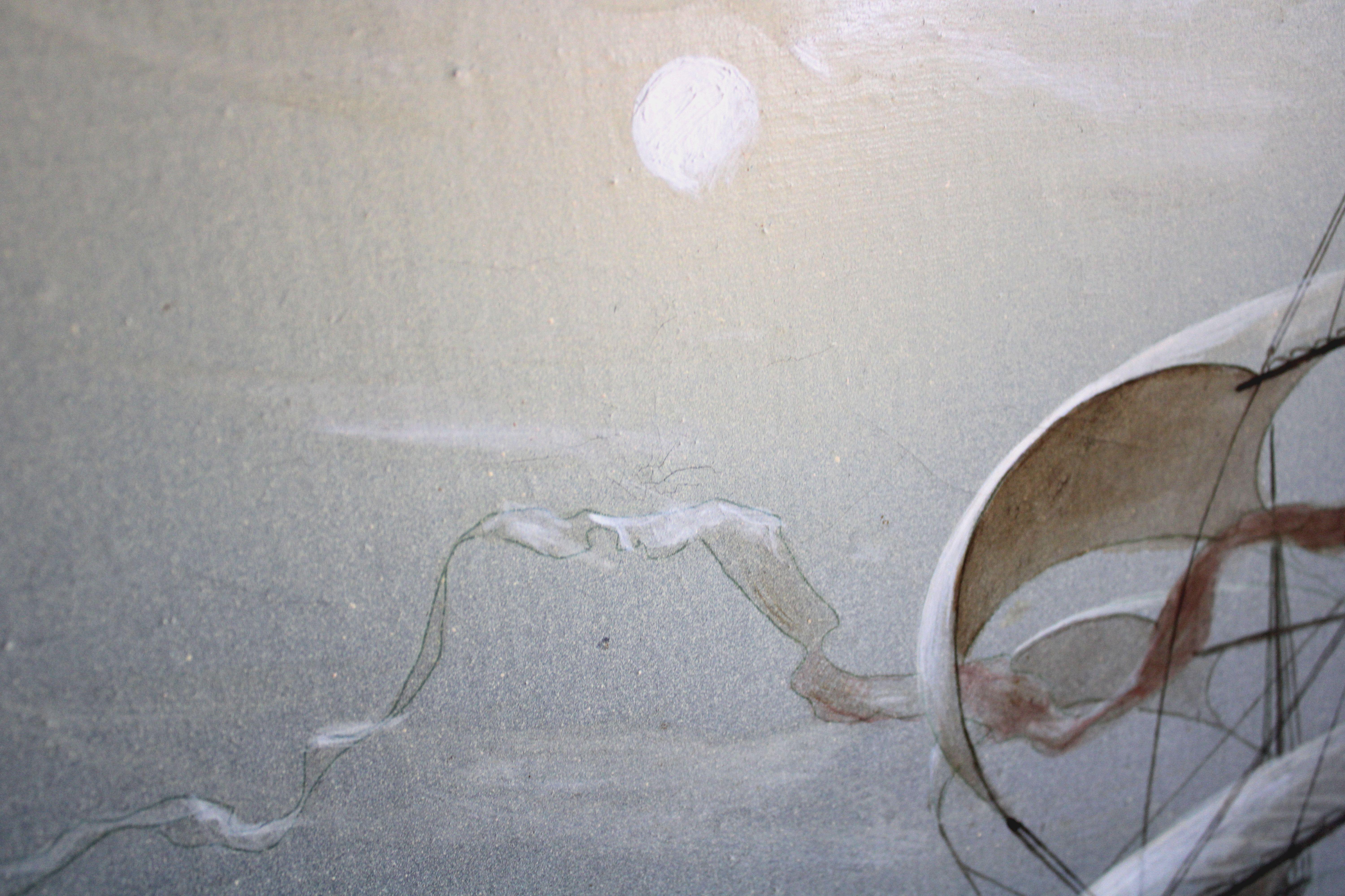Barca a vela con la luna piena  Olio su tela, 60x70 cm in vendita 1