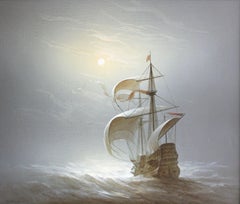 Barca a vela con la luna piena  Olio su tela, 60x70 cm