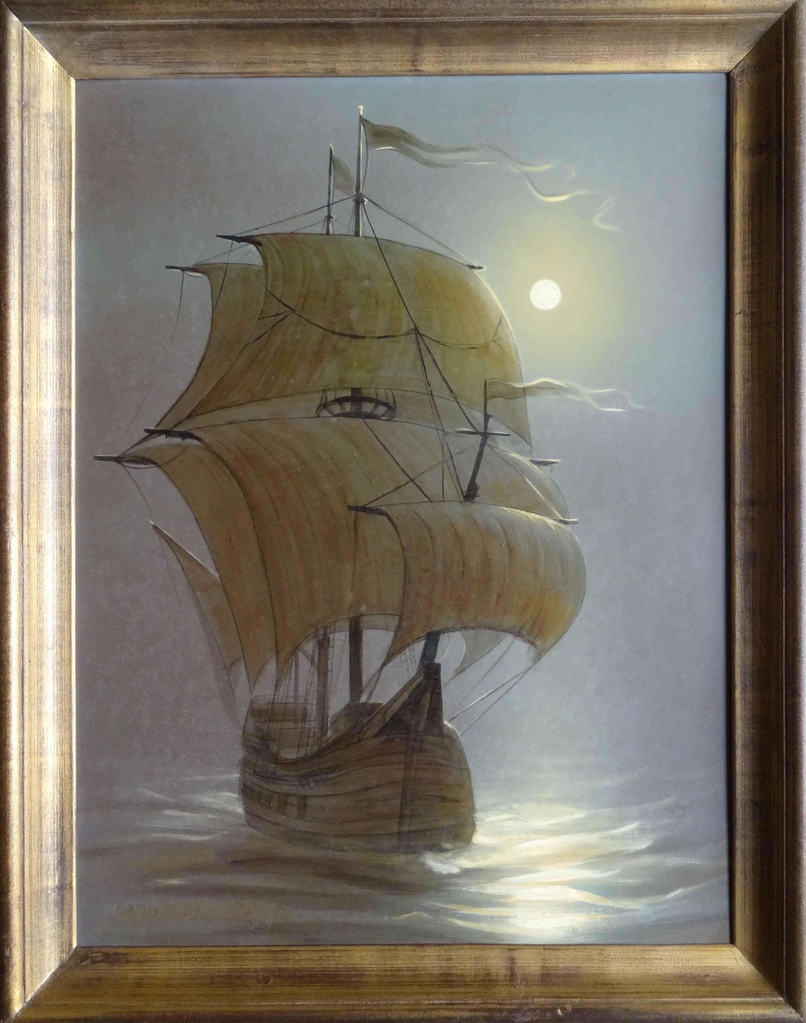 Segelboot in der Nacht. 1989. Öl auf Karton, 65x50 cm – Art von Vasily Hvatov