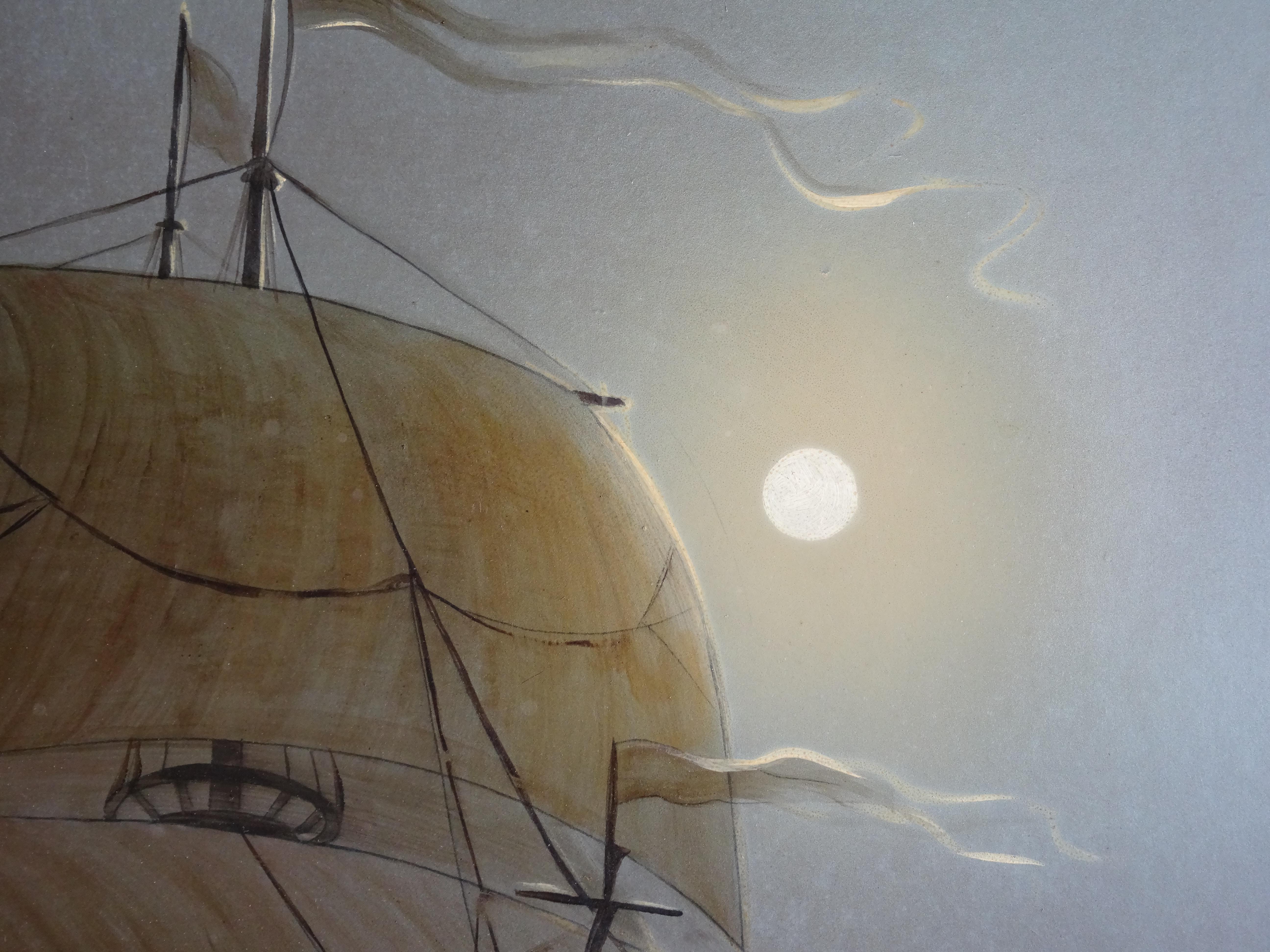 Segelboot in der Nacht. 1989. Öl auf Karton, 65x50 cm (Grau), Landscape Art, von Vasily Hvatov
