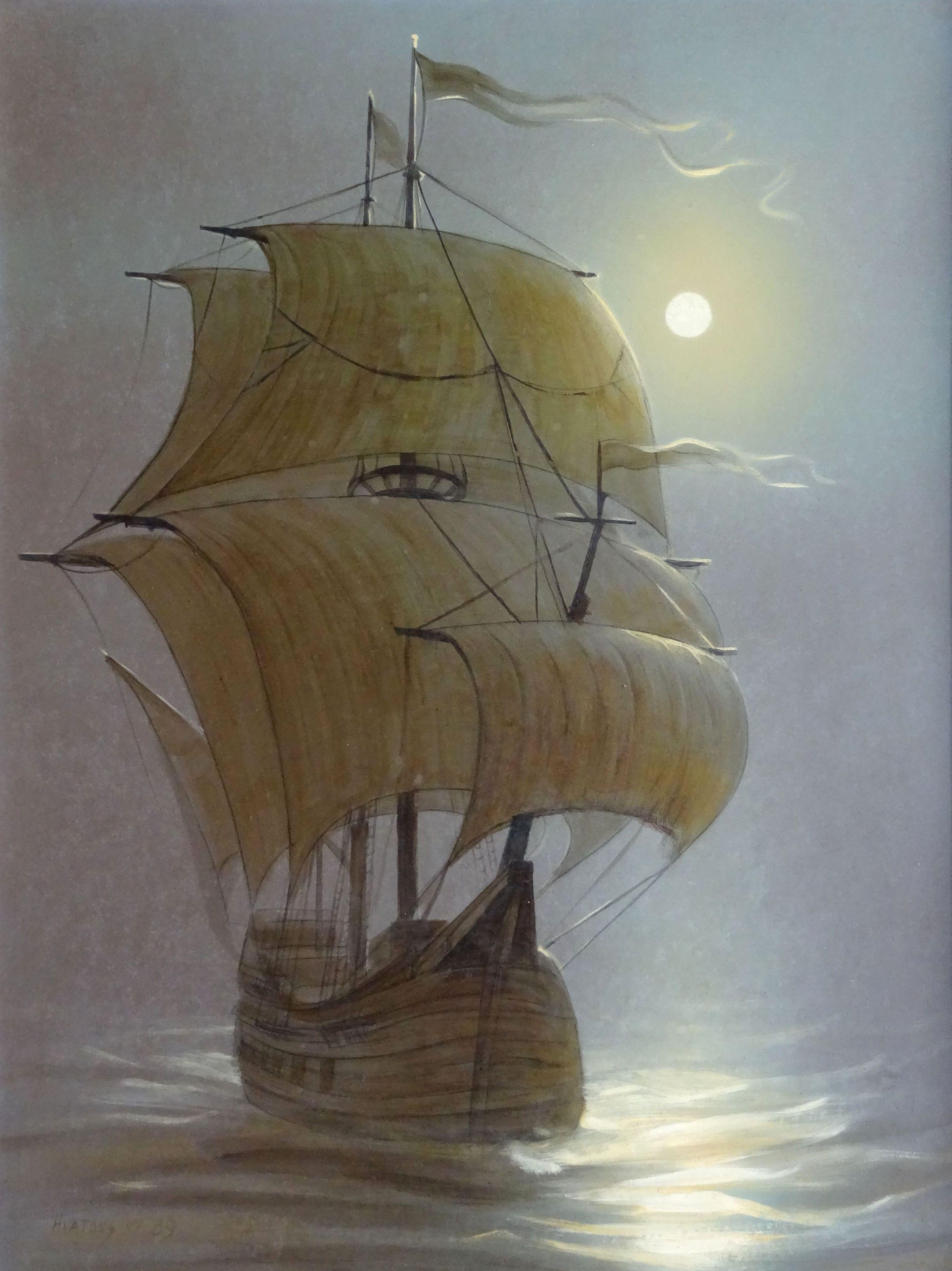Vasily Hvatov Landscape Art – Segelboot in der Nacht. 1989. Öl auf Karton, 65x50 cm