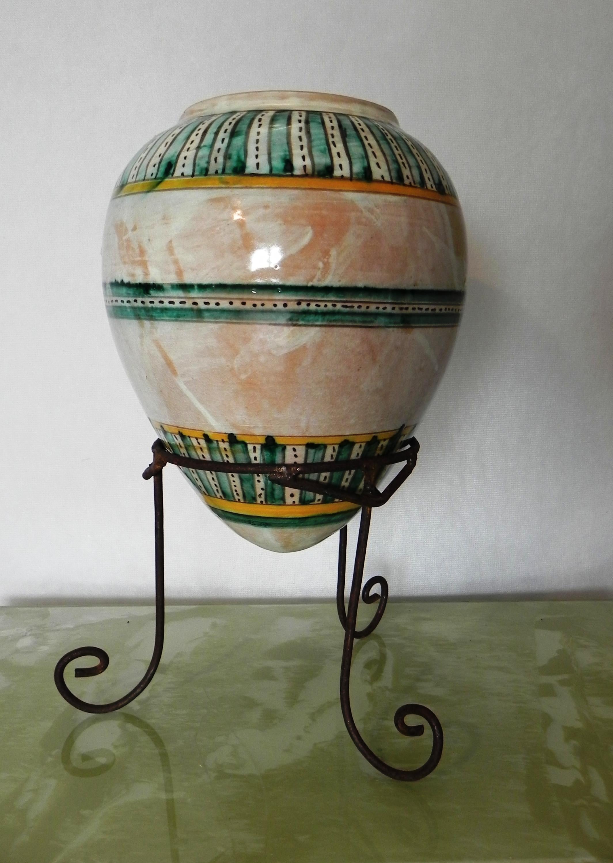 decorated ceramic vase, Amphora-shaped. with iron support. geometric decorations on pink marble effect background. . vitrified also inside. hand-decorated . h with support cm 39