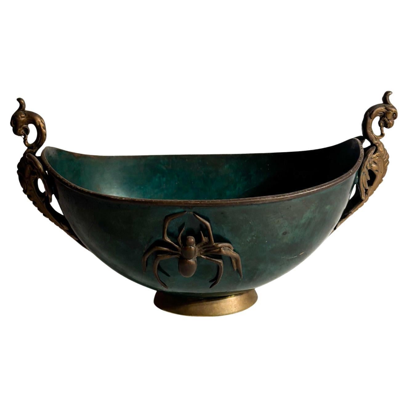 Vaso Art Dèco in Bronzo Smaltato con Ragno Anni 30 For Sale
