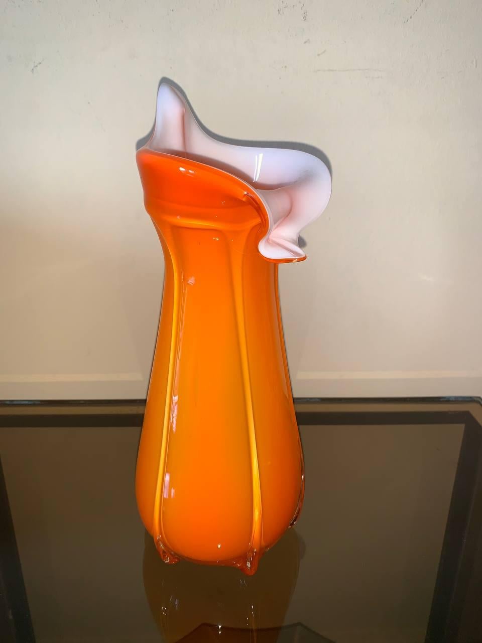 Hand-Crafted Manner of Loetz Czech Orange Tango Glass Art Deco Vase For Sale