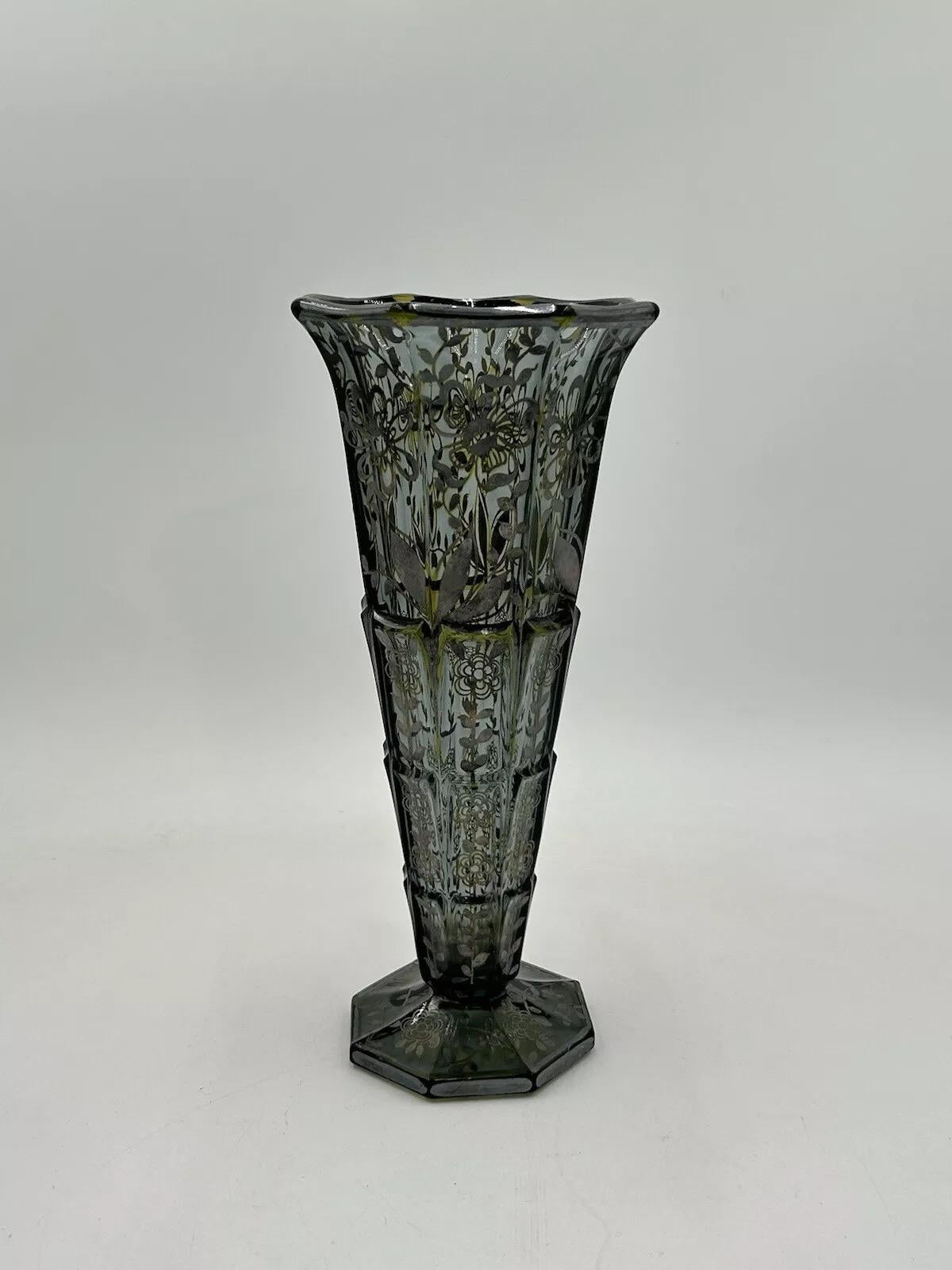 Art Déco Vaso Art Dèco In Vetro Decoro Argento Overlay American 1930’s in vendita