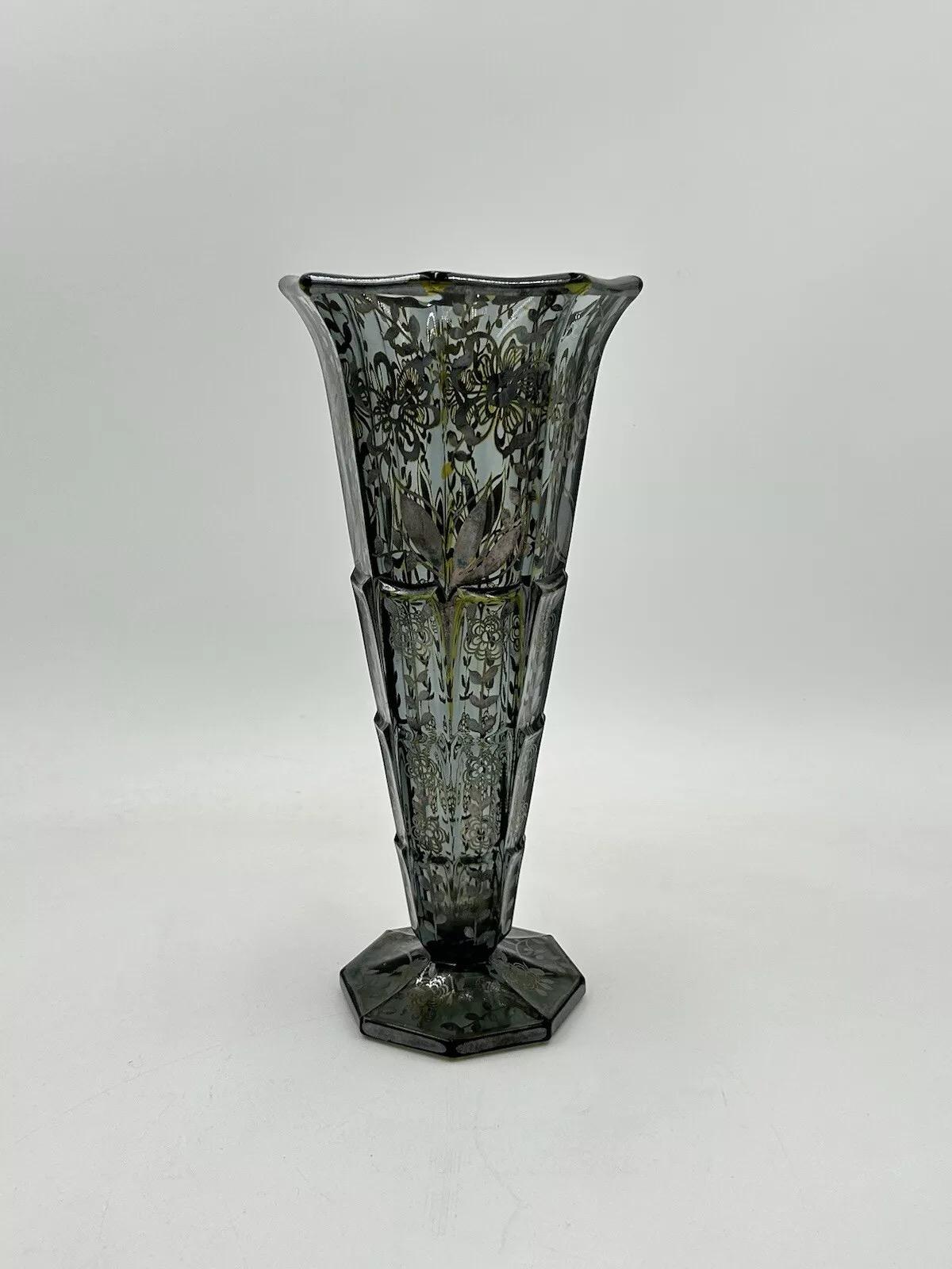 Italian Vaso Art Dèco In Vetro Decoro Argento Overlay American 1930’s in vendita