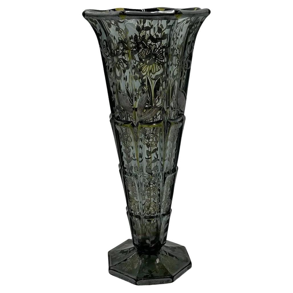 Art Deco Vase In Glass Silver Decor Overlay American 1930's