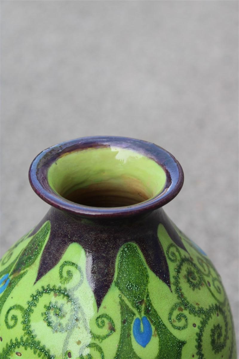 Italian Vaso Art Decò Italia 1920 Manifattura PALAZZI ROMA Verde e Decori Floreali in vendita