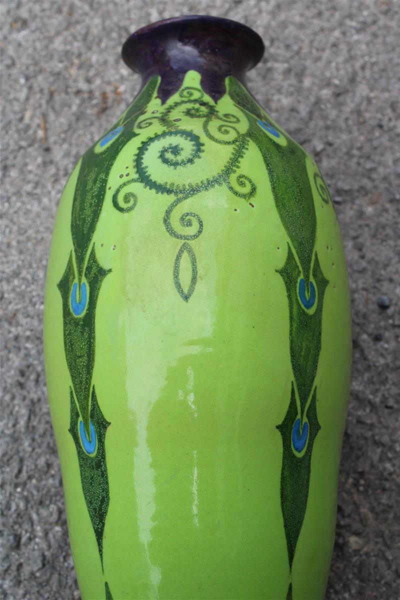 Ceramica Vaso Art Decò Italia 1920 Manifattura PALAZZI ROMA Verde e Decori Floreali in vendita