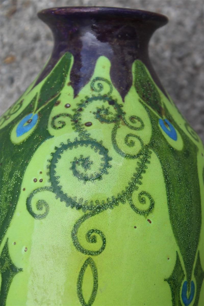 Vaso Art Decò Italia 1920 Manifattura PALAZZI ROMA Verde e Decori Floreali in vendita 2