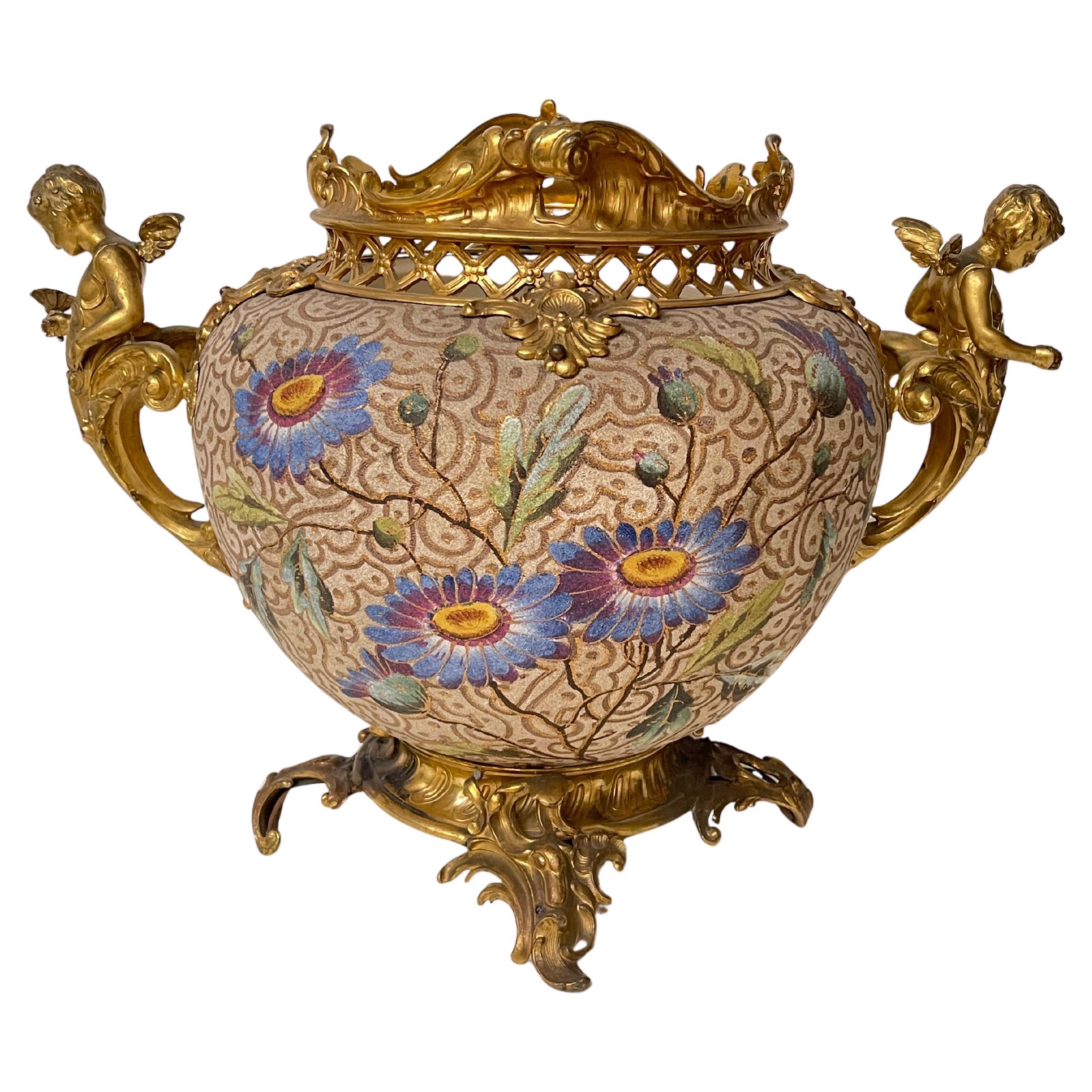 "Golden Flowers" artistic vase made of glazed porcelain and chiseled bronze, French For Sale