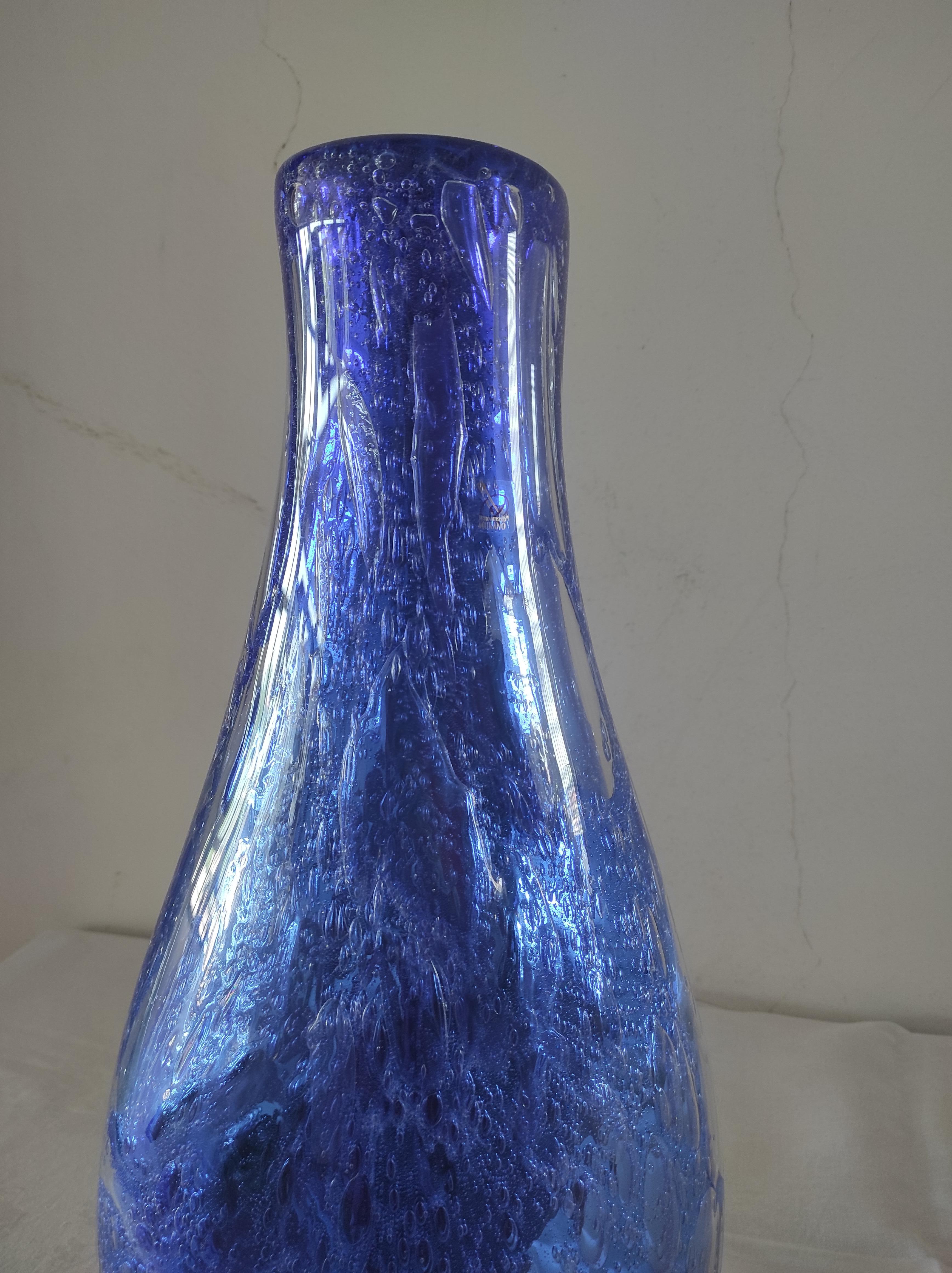 Murano Glass Blue vase and silver leaf For Sale