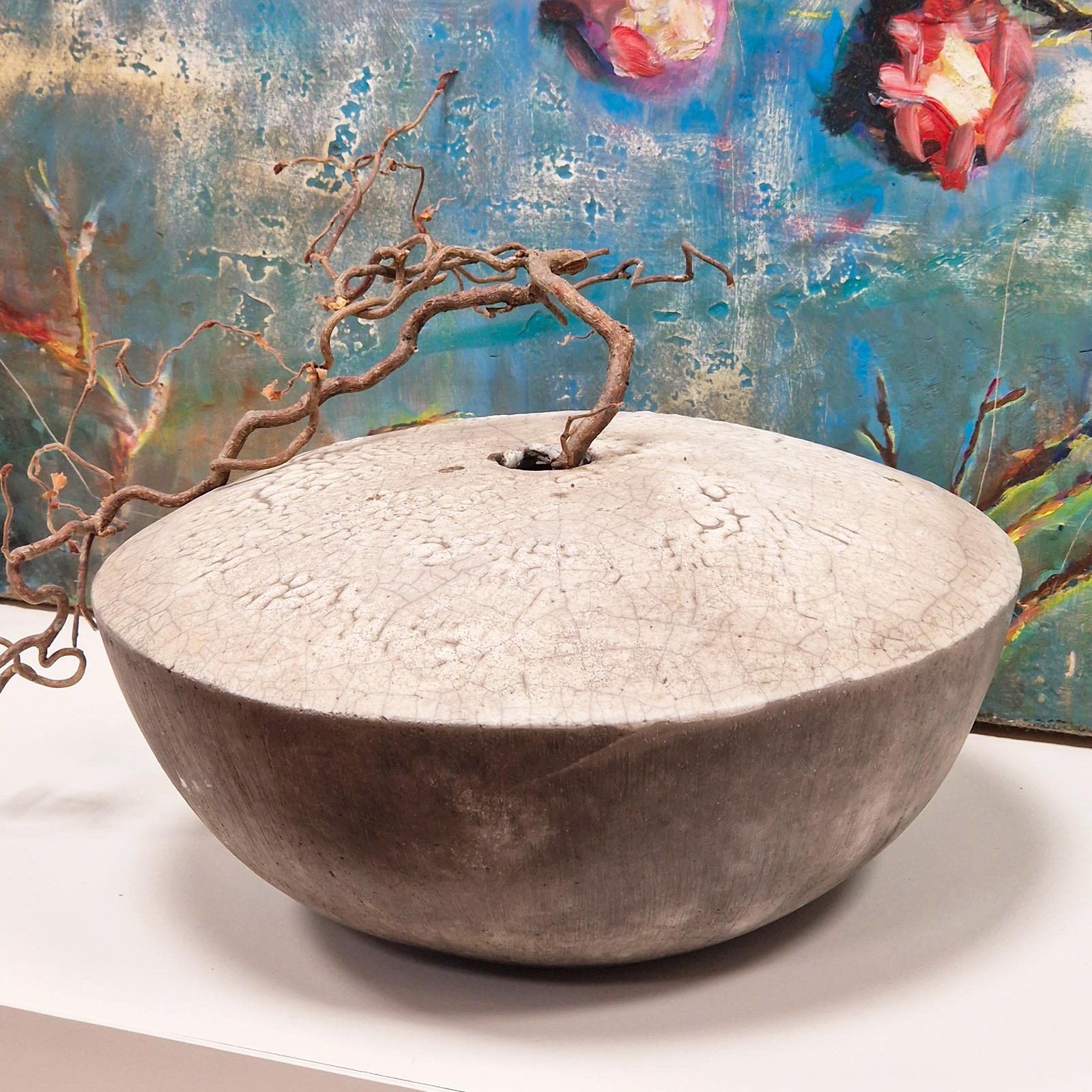 Modern Vase-Centerpiece NIGHT DAY #1 in Two-Tone Raku Ceramic - Unique Piece For Sale