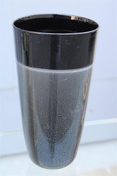 Seguso Black and Silver Murano Glass Cylindrical Vase 1980