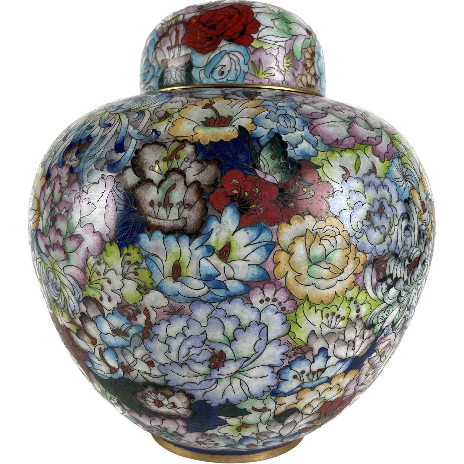 Chinese Export Cloisonné vase with lid Flower and butterfly decoration China circa 1950s For Sale