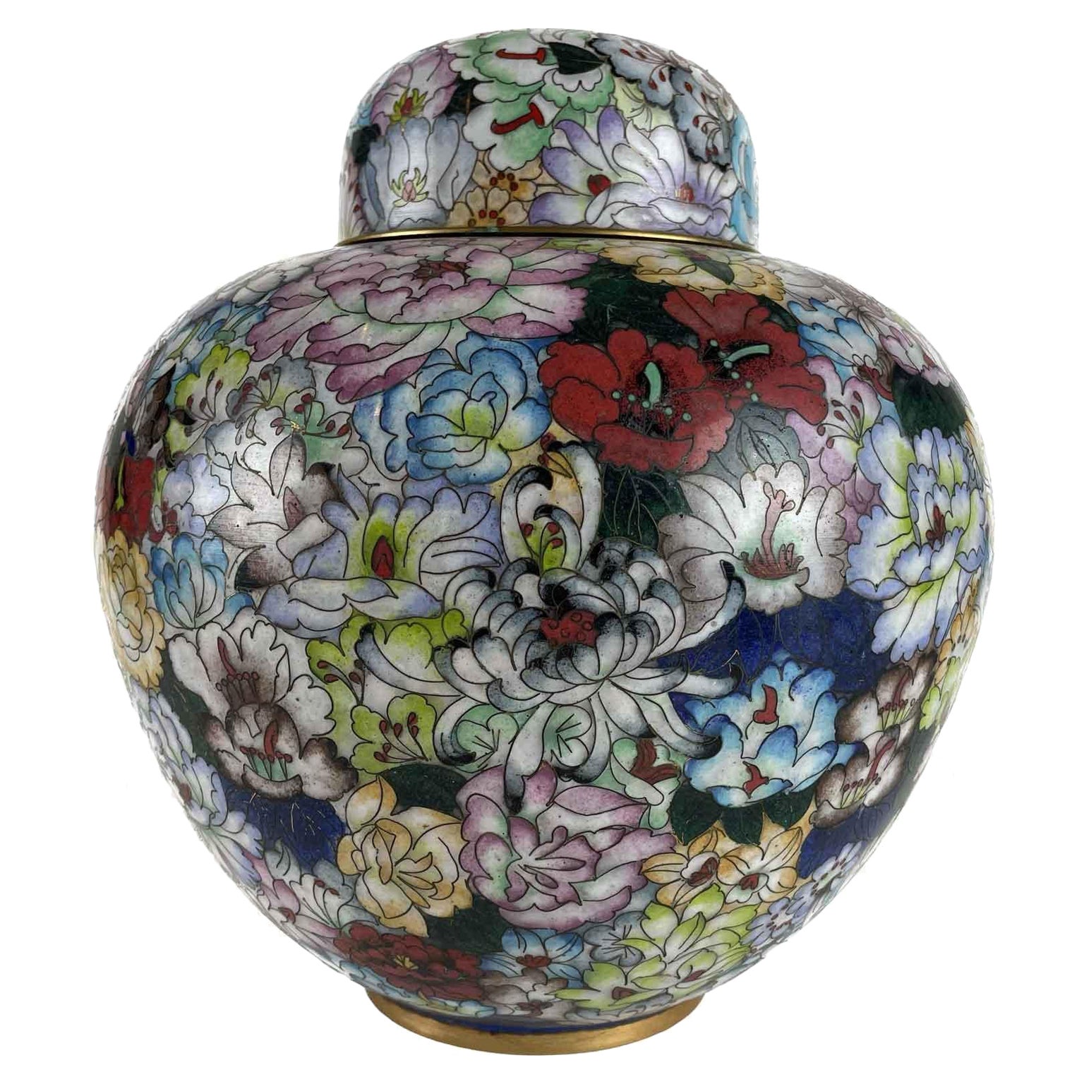 Vaso Cloisonné con Coperchio Decoro Fiori e Farfalle Cina 1950 circa in vendita