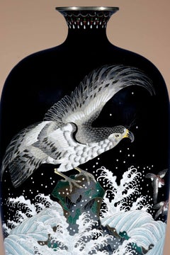 Cloisonné vase depicting an eagle watching chidori in flight