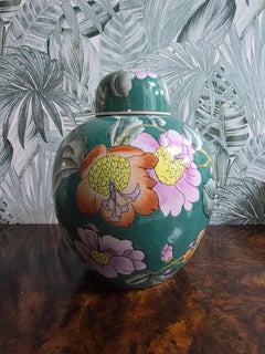 Chinese Porcelain Decorative Green Lidded Vase with Flowers 1960s