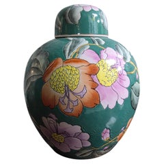 Chinese Porcelain Decorative Green Lidded Vase with Flowers 1960s