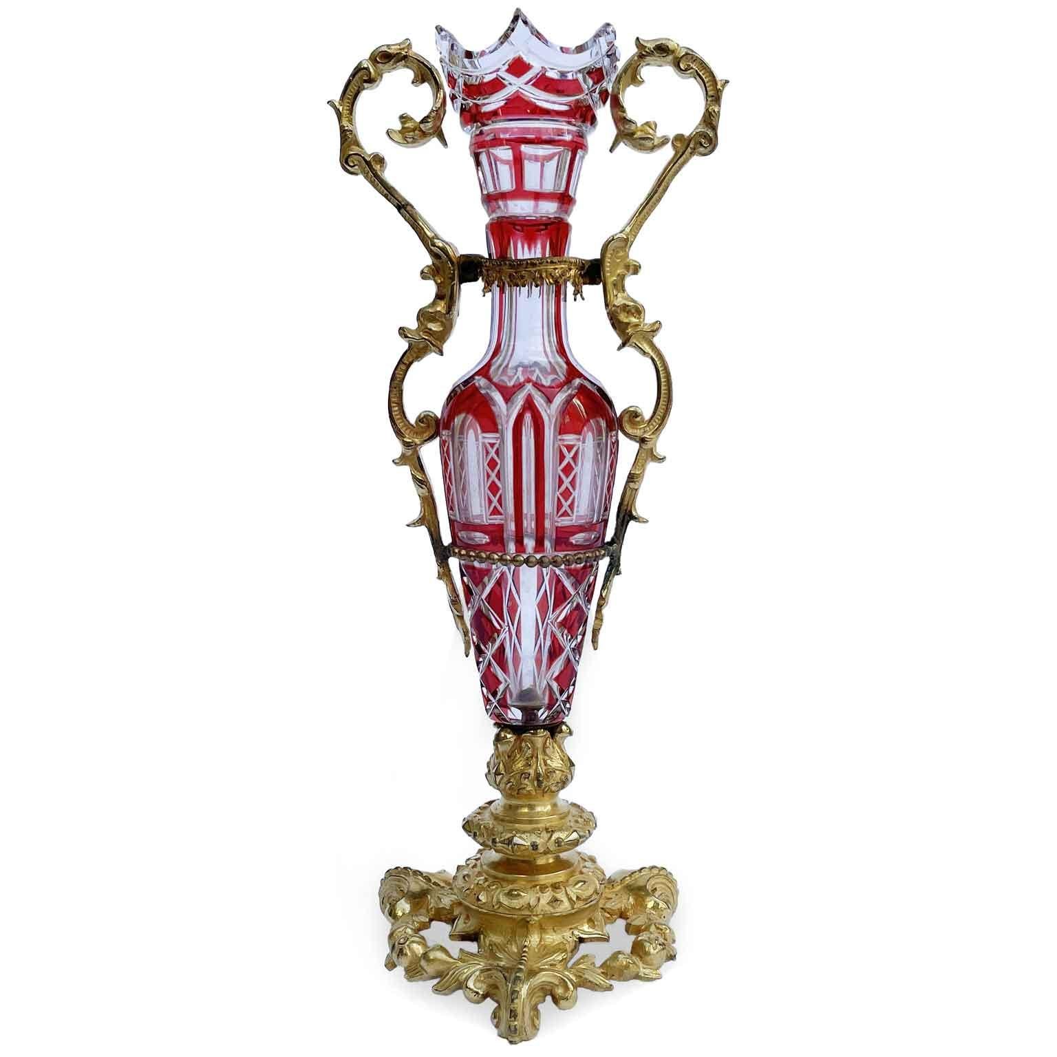 Bronze Vaso Da Fiori Italiano Bronzo Dorato e Cristallo Trasparente e Rubino 1890 For Sale