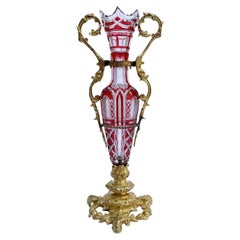 Vintage Vaso Da Fiori Italiano Bronzo Dorato e Cristallo Trasparente e Rubino 1890