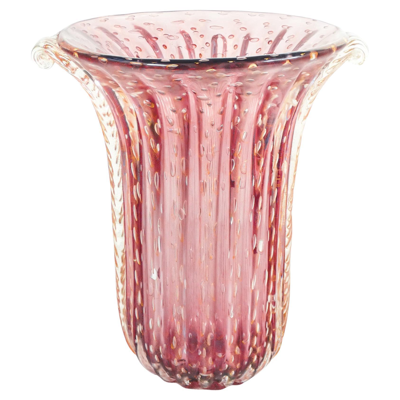 Vaso design TOSO Murano, vetro soffiato rosa bullicante, cordonato