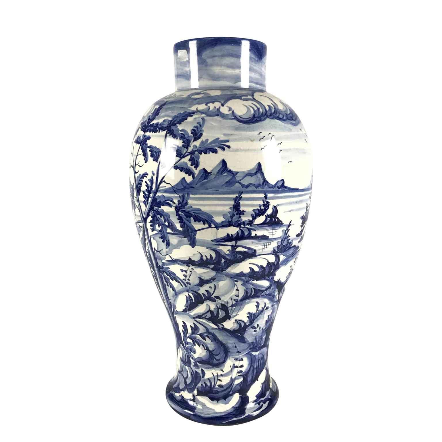 Hand-Crafted Florentine Vase in White and Blue Ceramic Landscape with Boats Taccini Vinci 1976 For Sale