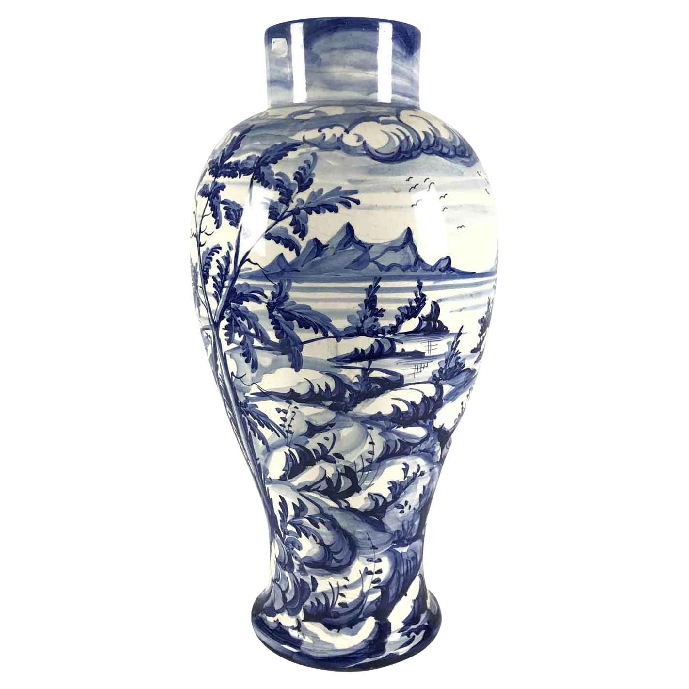 Florentine Vase in White and Blue Ceramic Landscape with Boats Taccini Vinci 1976 For Sale
